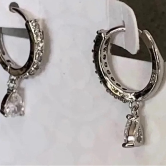 Silver Crystal Paved Tear Drop Huggie Hoop Earring - Picture 2 of 2